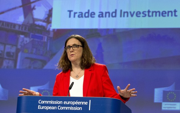 European Commissioner for Trade Cecilia Malmstroem speaks during a media conference at EU headquarters in Brussels, Tuesday, June 26, 2018. European Commissioner Malmstrom on Tuesday presented the ann ...