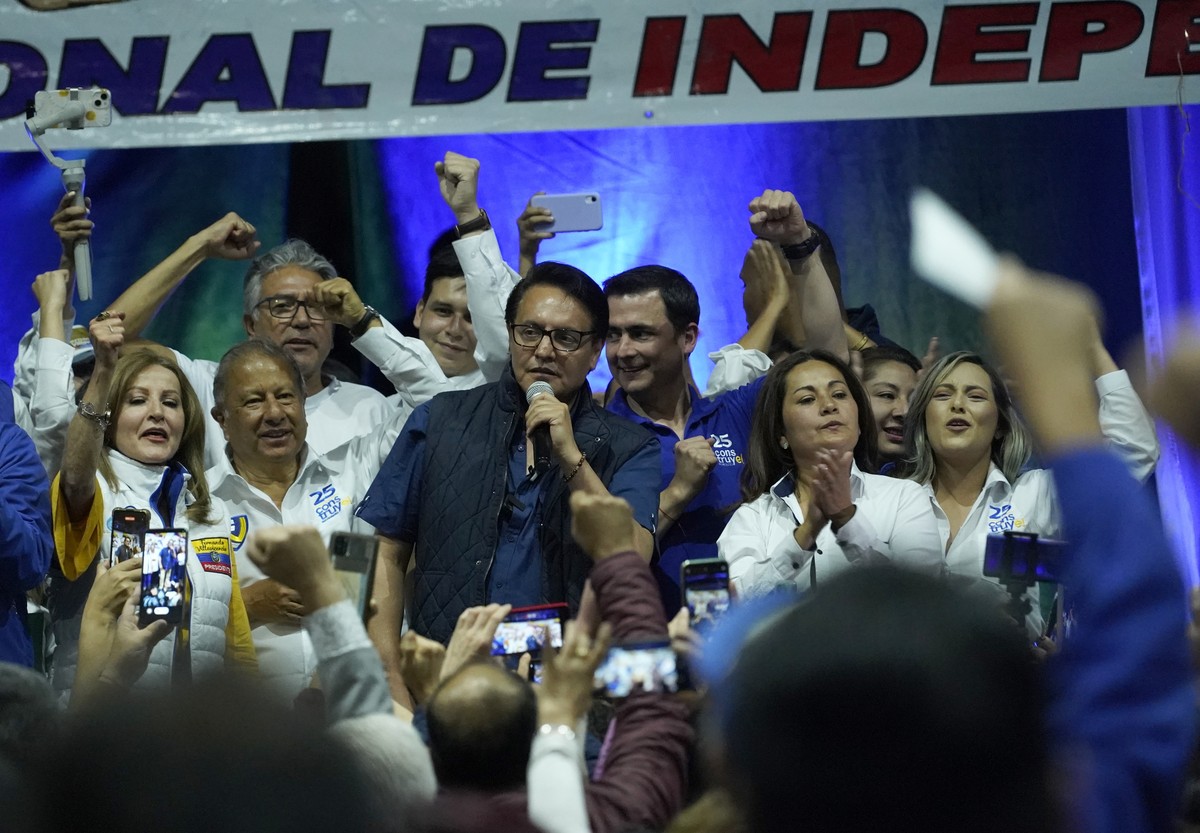 Presidential candidate Fernando Villavicencio speaks during a campaign event at a school minutes before he was shot to death outside the same school in Quito, Ecuador, Wednesday, Aug. 9, 2023 (API via ...