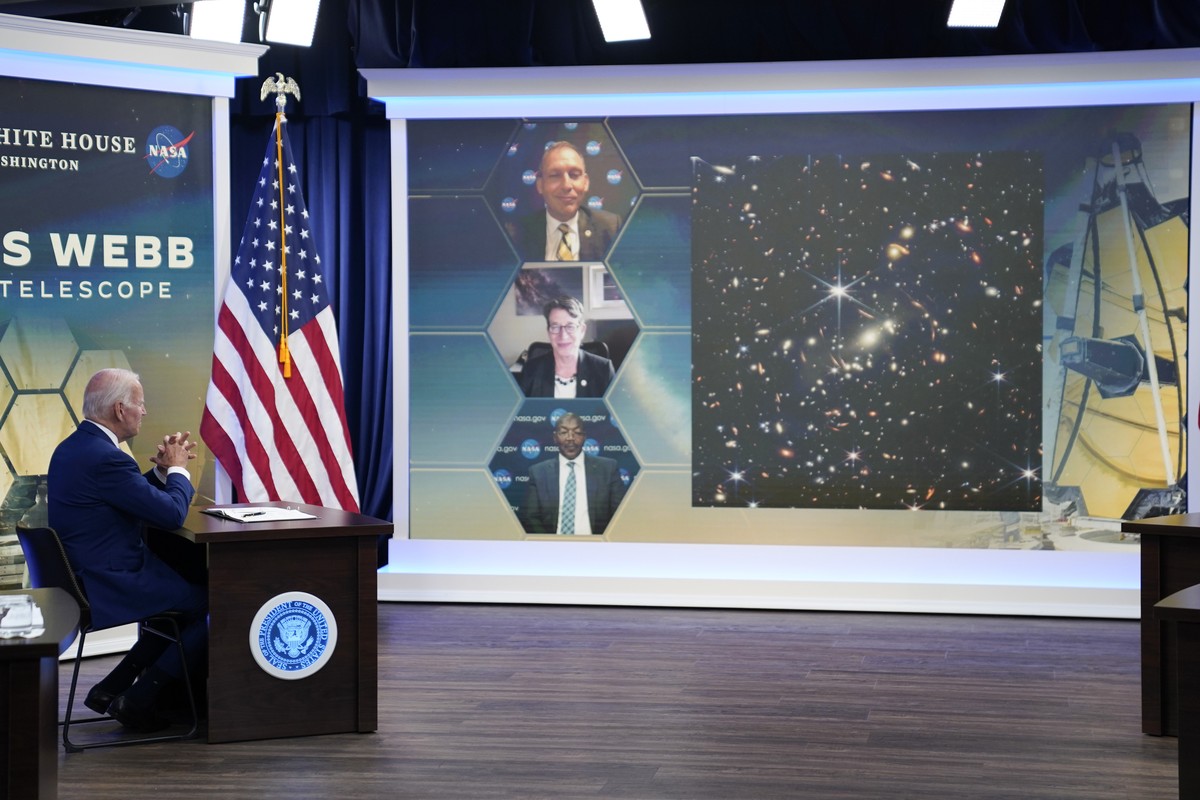 President Joe Biden listens during a briefing from NASA officials about the first images from the Webb Space Telescope, the highest-resolution images of the infrared universe ever captured, in the Sou ...