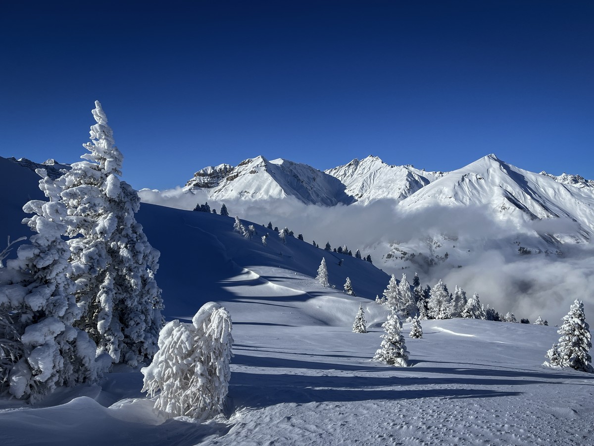 Blick auf die frisch verschneite Bergwelt des Taminatals bei tiefen Temperaturen, aufgenommen am Samstag, 11. Januar 2025, auf dem Berg Stelli bei Untervaz. (KEYSTONE/Gian Ehrenzeller)