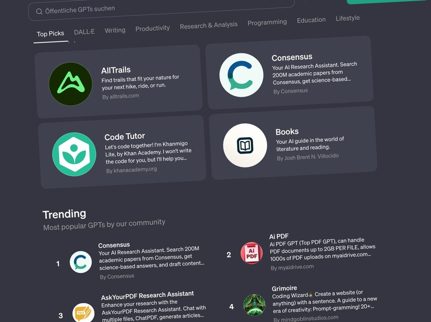 Screenshot zum App-Store von OpenAI (ChatGT) für GPTs.