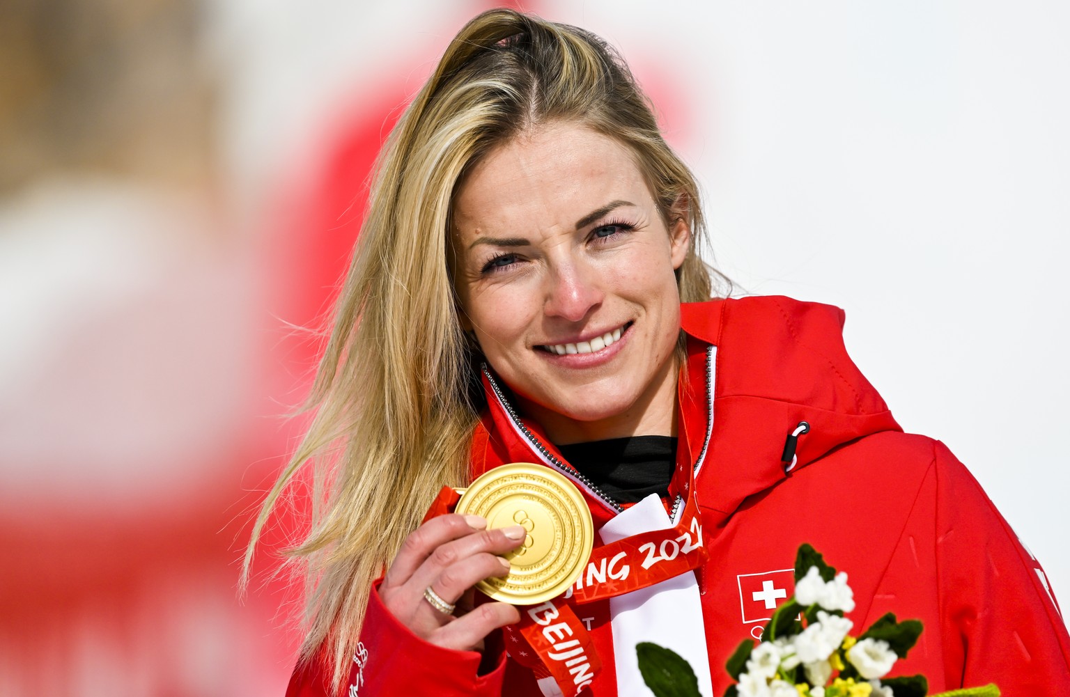 Gold medalist Lara Gut-Behrami of Switzerland celebrates during the victory ceremony of the women&#039;s Alpine Skiing Super-G race at the 2022 Olympic Winter Games in Yanqing, China, on Friday, Febru ...