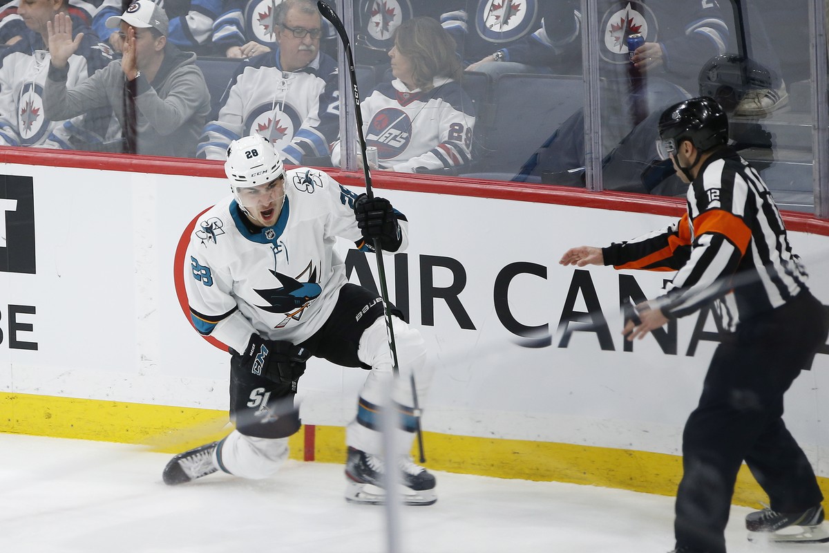 San Jose Sharks' Timo Meier (28) celebrates his goal against the Winnipeg Jets during the third period of an NHL hockey game Friday, Feb. 14, 2020, in Winnipeg, Manitoba. (John Woods/The Canadian ...