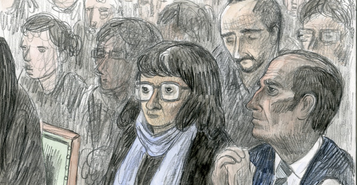 GERICHTSZEICHNUNG - Un dessin montre Les parents d'Adeline Esther, gauche, et Jean-Claude, droite, et Juan Poy, centre au fond, compagnon d'Adeline dans la salle d'audience du palais de ...