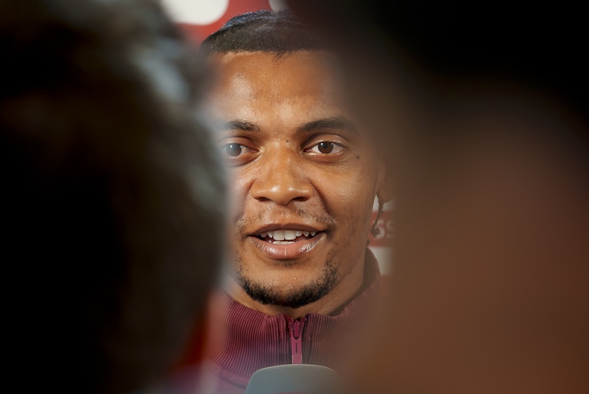 Switzerland's national team player Manuel Akanji answers questions from journalists at a press conference of the Swiss national football team ahead of the first qualifying matches for the 2026 Wo ...