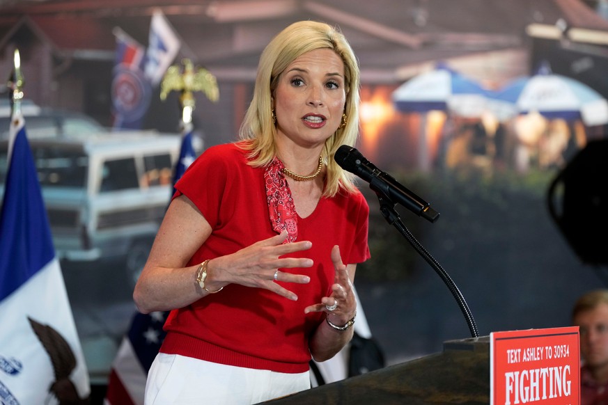 Rep. Ashley Hinson, R-Iowa, speaks during a campaign rally with local residents, Saturday, May 30, 2026, in West Des Moines, Iowa. (AP Photo/Charlie Neibergall)
Ashley Hinson