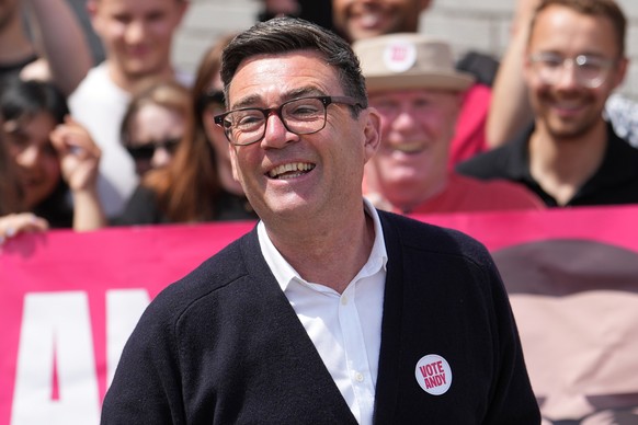 Andy Burnham, Britain's Labour candidate for Makerfield, speaks in front of supporters during the by-election in Makerfield, England, Thursday, June 18, 2026 where voters are choosing a new lawma ...
