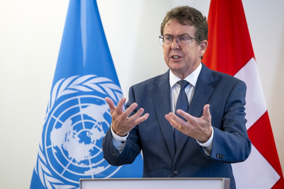 Switzerland's Transport, Environment, Energy and Communications Minister Federal Councillor Albert Roesti, briefs the media during a press conference, at the Second Part of the Fifth Session of t ...