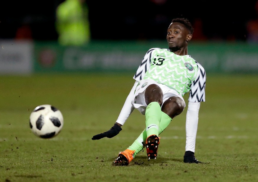 In this photo taken on Tuesday, March 27, 2018, Nigeria&#039;s Wilfred Ndidi goes for the ball during the international friendly soccer match between Serbia and Nigeria at The Hive Stadium in London.  ...