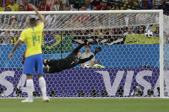 Switzerland goalkeeper Yann Sommer can&#039;t stop a shot from Brazil&#039;s Philippe Coutinho during the group E match between Brazil and Switzerland at the 2018 soccer World Cup in the Rostov Arena  ...