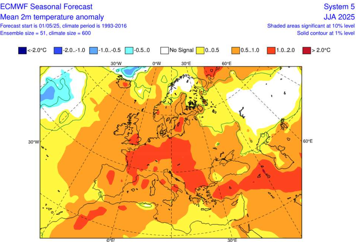 Abweichung der Temperatur gegenüber dem langjährigen Mittel in Europa für den Monat Juni (ECMWF)
