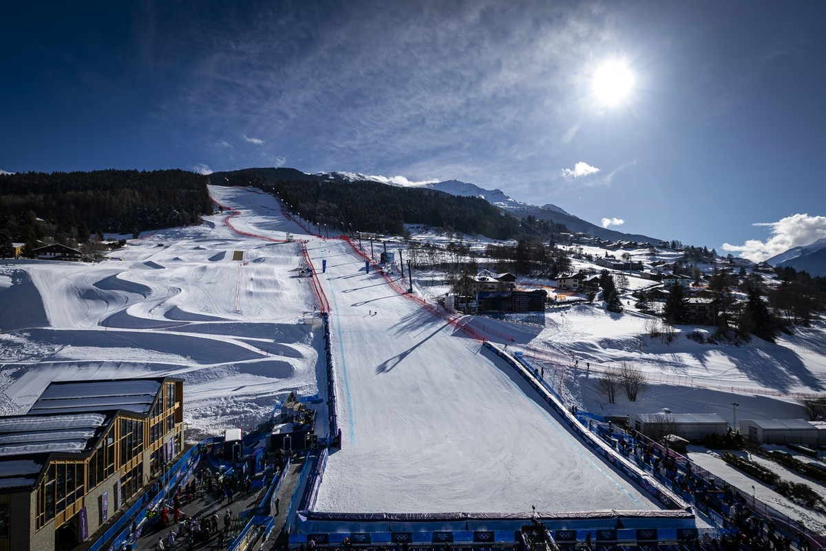 The finish area is seen during the men's second official alpine skiing downhill training at the 2026 Olympic Winter Games at the Stelvio Ski centre in Bormio, Italy, on Thursday, February 5, 2026 ...