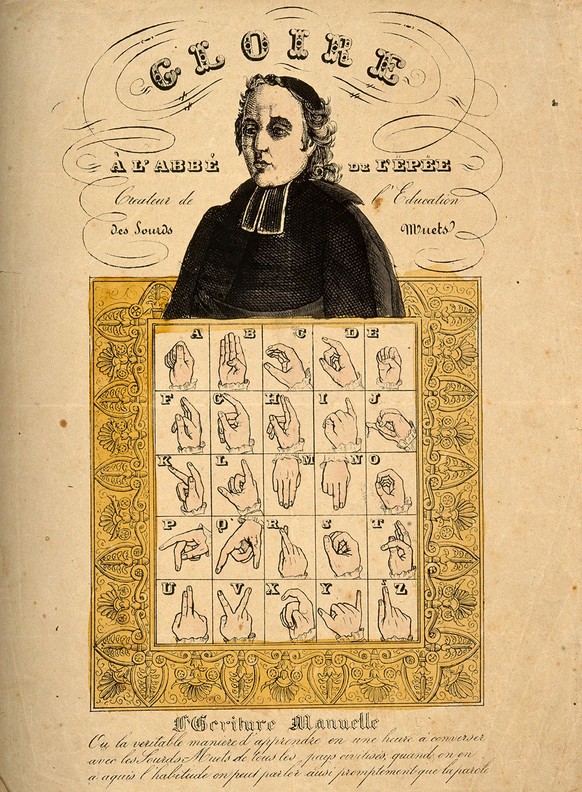 Das französische Gebärdensprachenalphabet mit einem Porträt von Charles-Michel de L&#039;Épée.
https://wellcomecollection.org/works/e6a89vce