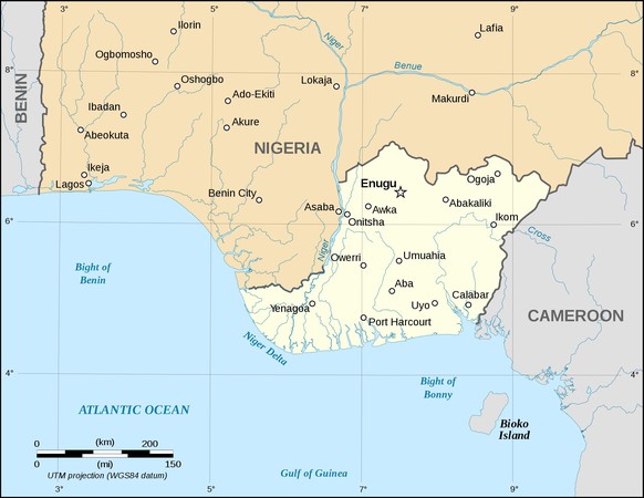 Biafra (hell), das sich 1967 von Nigeria lossagte und 1970 gewaltsam wieder eingegliedert wurde.
