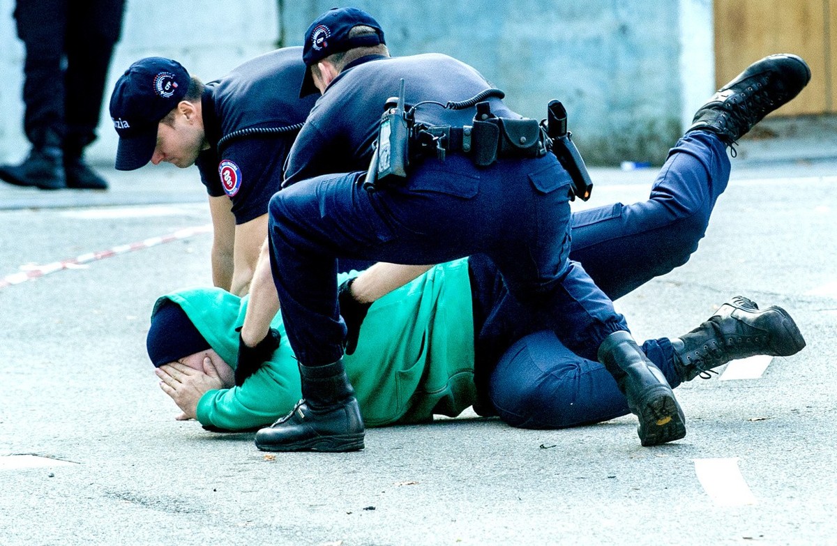 Zwei Polizeianwaerter ueberwaeltigen eine Person, bei einer Publikums-Vorfuehrung von Polizeianwaertern in verschiedenen Einsaetzen der Polizei, am Tag der offenen Tuer an der Polizeischule in Isone i ...