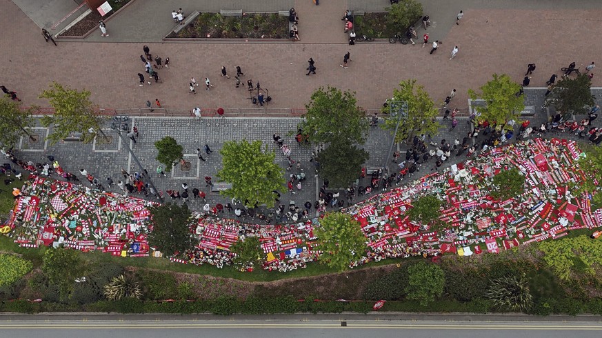 Tributes in memory of Liverpool player Diogo Jota at Anfield Stadium, home of Liverpool FC in Liverpool, Thursday, July 3, 2025. (Peter Byrne/PA via AP)
Britain Soccer