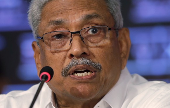 FILE - Then-Sri Lankan presidential candidate Gotabaya Rajapaksa speaks during a news conference in Colombo, Sri Lanka, Oct. 15, 2019. Lawyers from the International Truth and Justice Project