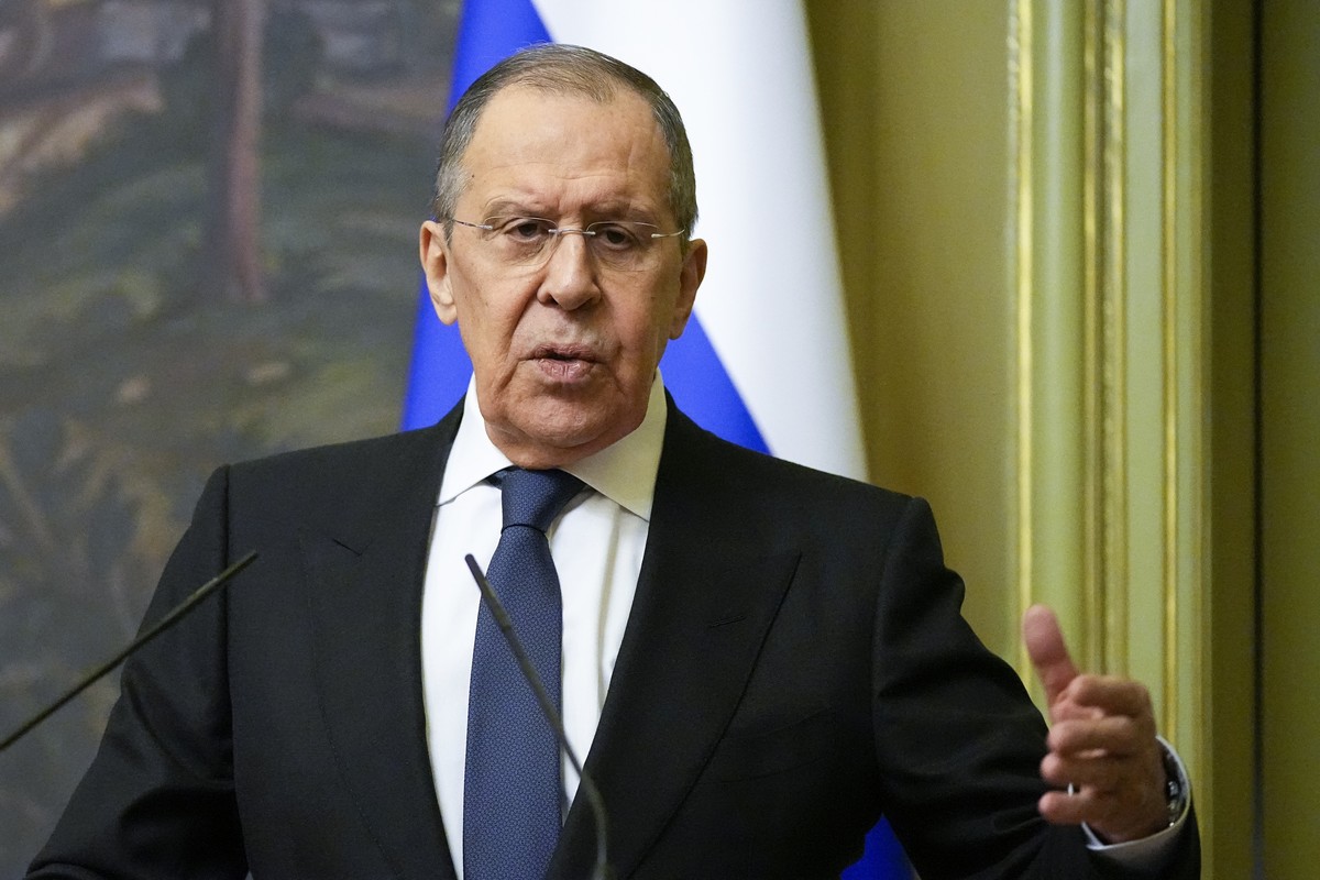 Russian Foreign Minister Sergey Lavrov speaks during a joint news conference with Armenian Foreign Minister Ararat Mirzoyan following their talks in Moscow, Russia, Friday, April 8, 2022. (AP Photo/Al ...