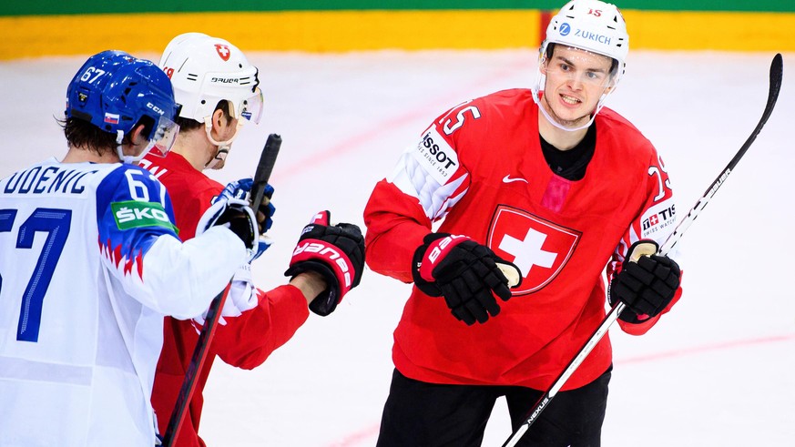 210527 Gregory Hofmann of Switzerland celebrates the 7-0 goal during the 2021 IIHF Ice hockey, Eishockey World Championship, WM, Weltmeisterschaft game between Switzerland and Slovakia on May 27, 2021 ...