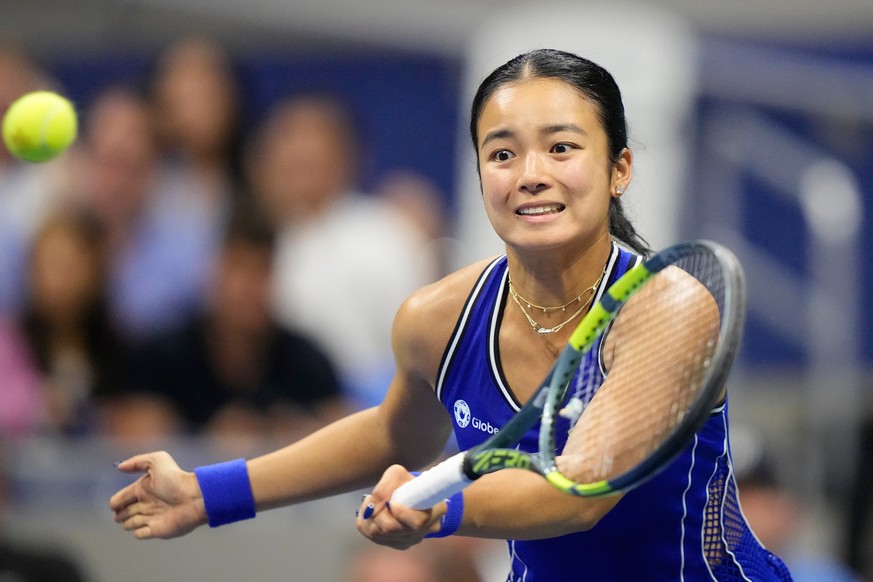 Alexandra Eala, of the Philippines, hits a return to Iva Jovic, of the United States, during the third round of the U.S. Open tennis championships, Saturday, Sept. 5, 2026, in New York. (AP Photo/Fran ...