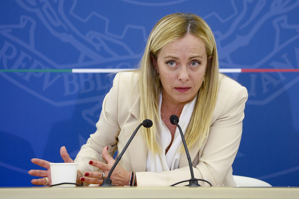epa10846885 Italian Prime Minister Giorgia Meloni speaks during a press conference at the end of a meeting of the Council of Ministers, in Rome, Italy, 07 September 2023. The Italian government on 07  ...