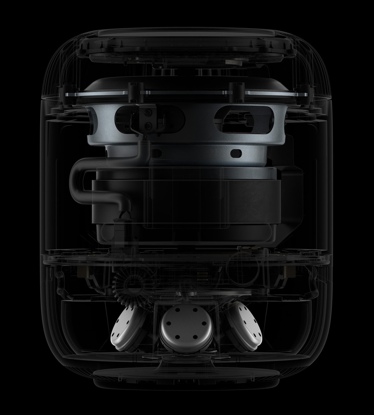 Röntgenblick unter das Gehäuse von Apples HomePod (2. Generation), lanciert am 18. Januar 2023.