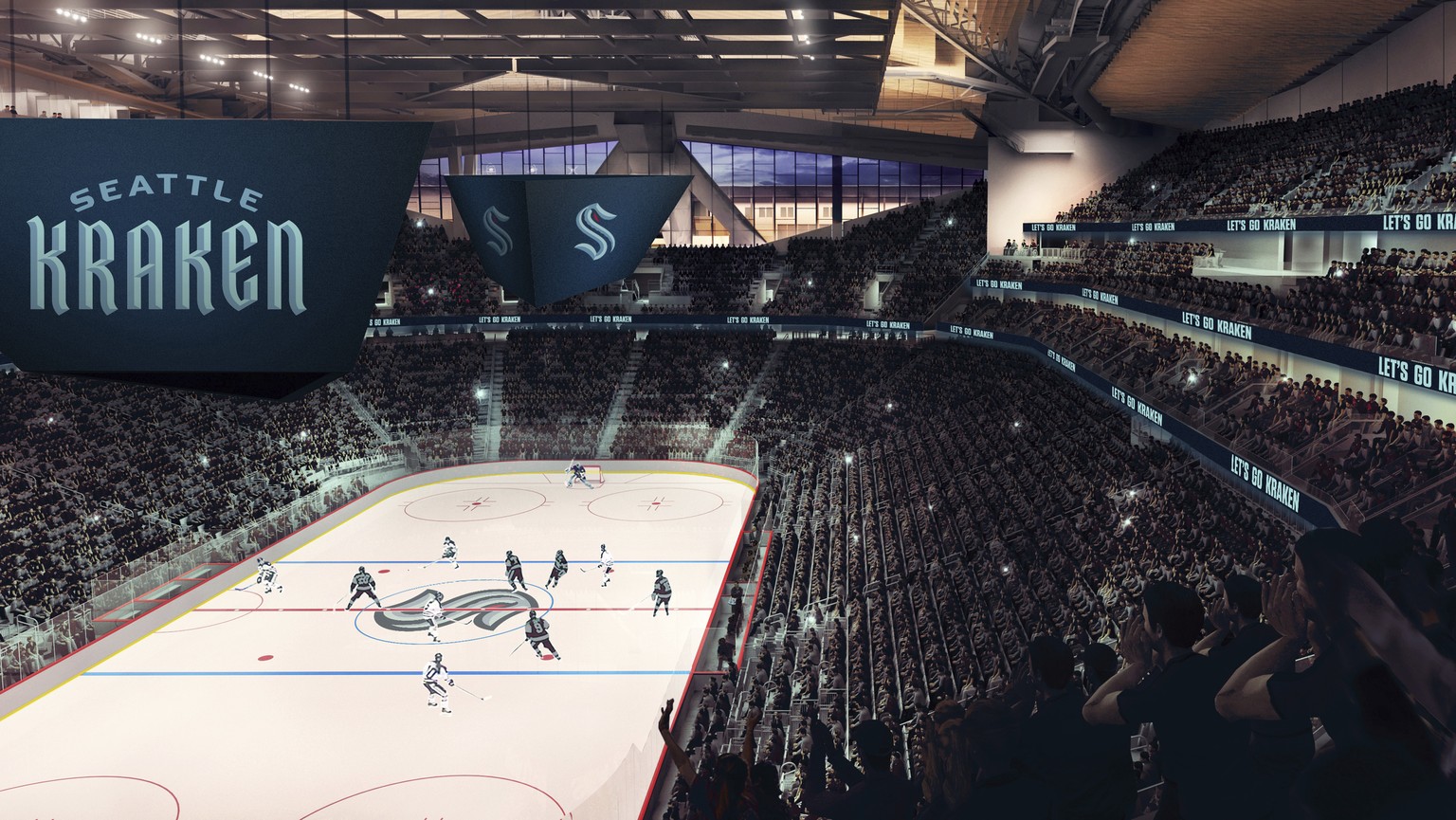 This artists rendering released Thursday, July 23, 2020, by the Seattle Kraken, shows the NHL hockey team&#039;s new logo, left, and name, displayed in what would be their finished arena. (Seattle Kra ...