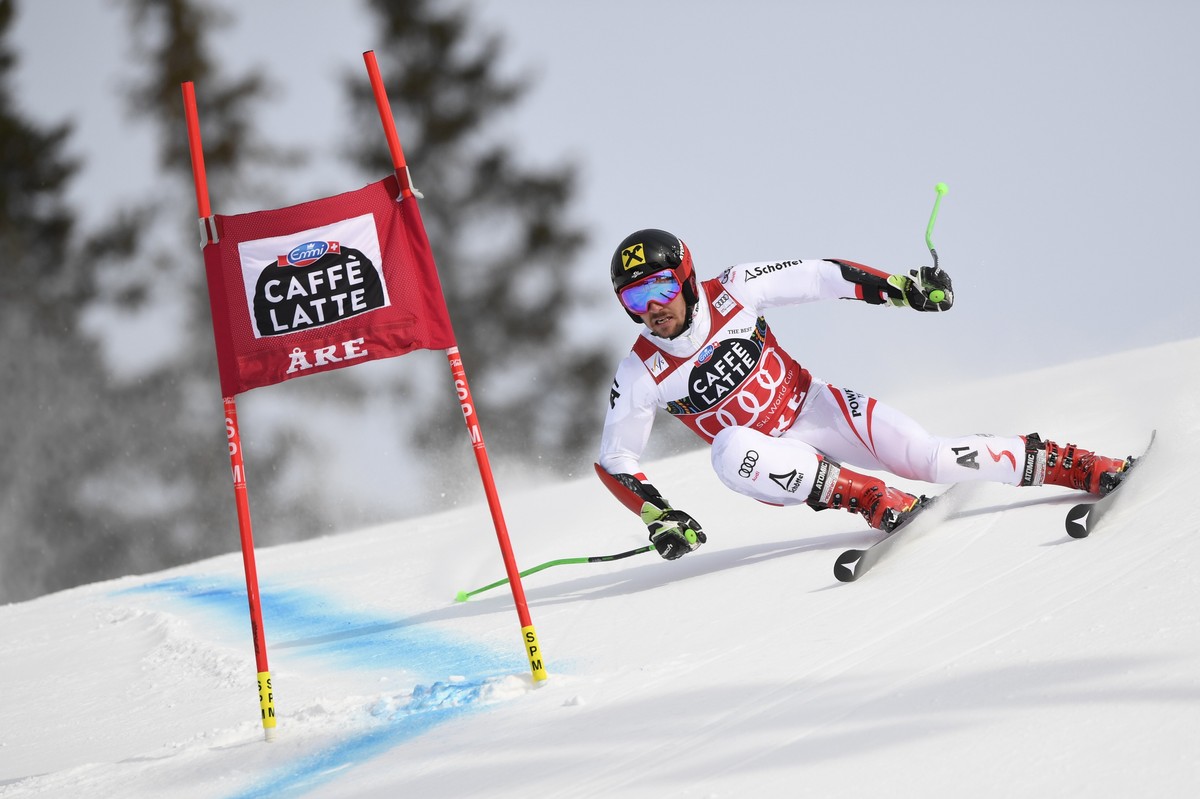 epa06609535 Austria's Marcel Hirscher competes during a men's giant slalom at the Alpine Skiing World Cup finals in Are, Sweden, 17 March 2018. EPA/PONTUS LUNDAHL SWEDEN OUT