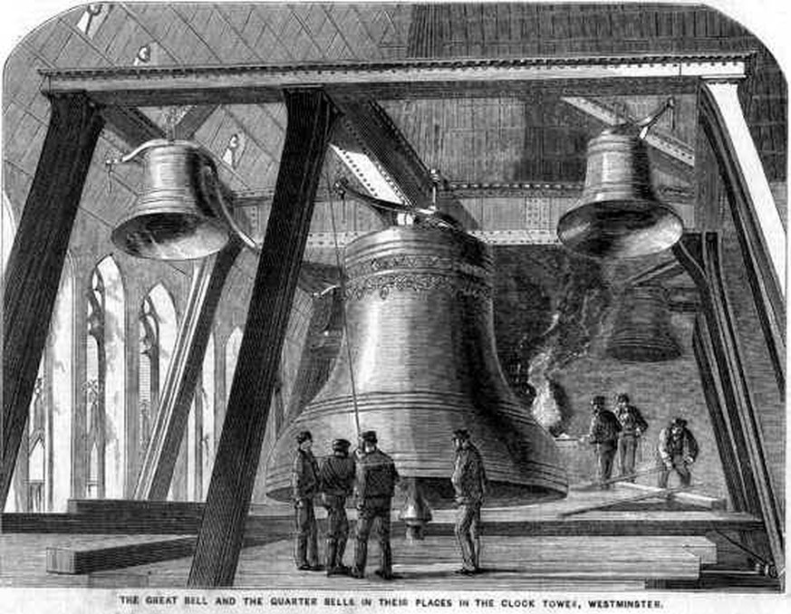 Big Ben und die anderen vier Glocken im Uhrenturm des Westminster Palace, Illustration aus The Illustrated News of the World (1858)
https://de.wikipedia.org/wiki/Big_Ben#/media/File:Big-ben-1858.jpg
