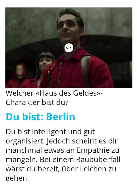 Genie oder Psychopath? Welcher Â«Haus des GeldesÂ»-Charakter bist DU?
Weil ich eben grosse Empathie habe und Menschen durchschaue, wird es nicht unbedingt einfacher.
Aber, es hat natÃ¼rlich auch Vort ...