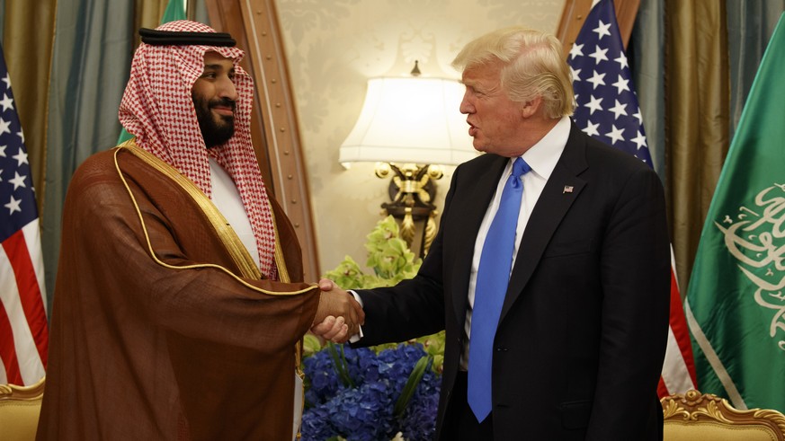 FILE - In this May 20, 2017, file photo, President Donald Trump shakes hands with Saudi Crown Prince Mohammed bin Salman, in Riyadh, Saudi Arabia. Salman’s first trip abroad since the killing of Khash ...