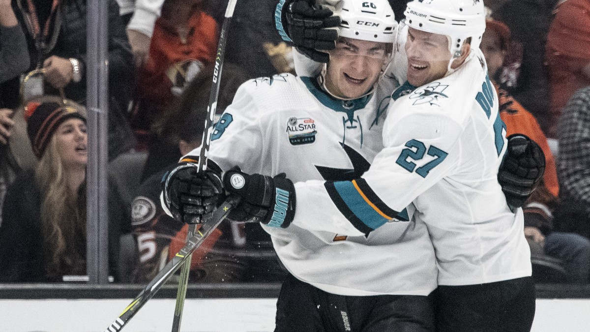 San Jose Sharks right wing Timo Meier, left, and right wing Joonas Donskoi celebrate Meier's goal in the overtime of an NHL hockey game against the Anaheim Ducks in Anaheim, Calif., Sunday, Oct.  ...