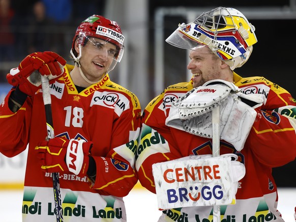 Biel goalkeeper Harry Citri and Yannick Stampfli of Biel after the National Ice Hockey League championship game between EHC Biel and Friborg-Gotteron, on Friday, February 24, 2023, in Tissot ...