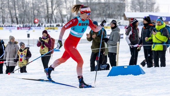 Nadine Faehndrich of Switzerland competes, during the women's sprint qualification classic skiing race, during the FIS Cross-Country World Cup at the Nordic Center Goms, in Geschinen, Switzerland ...