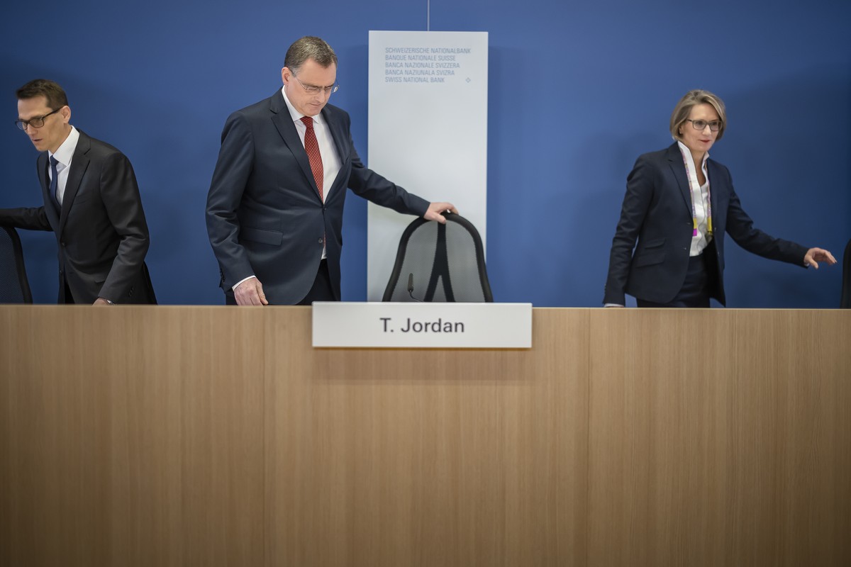 Swiss National Bank's (SNB) Vice Chairman of the Governing Board Martin Schlegel, Swiss National Bank's Chairman of the Governing Board Thomas Jordan and Member of the Governing Board Andrea ...