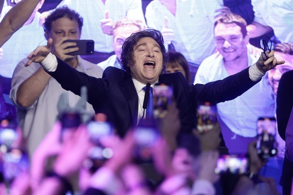 epaselect epa12485085 Argentine President Javier Milei celebrates after learning the results of the legislative elections in Buenos Aires, Argentina, 26 October 2025. La Libertad Avanza (LLA), the par ...