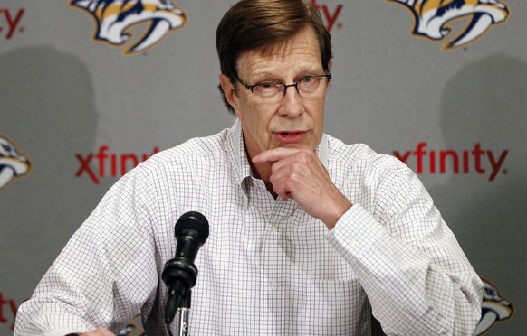 FILE - In this April 14, 2014, file photo, Nashville Predators general manager David Poile answers questions at a news conference in Nashville, Tenn. Top prospect Jimmy Vesey plans to test free agency ...