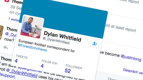 Falscher Account, falsches Bild: Dylan Whitfield (inzwischen gelöscht) twittert mit dem Bild von Jürg Vollmer.