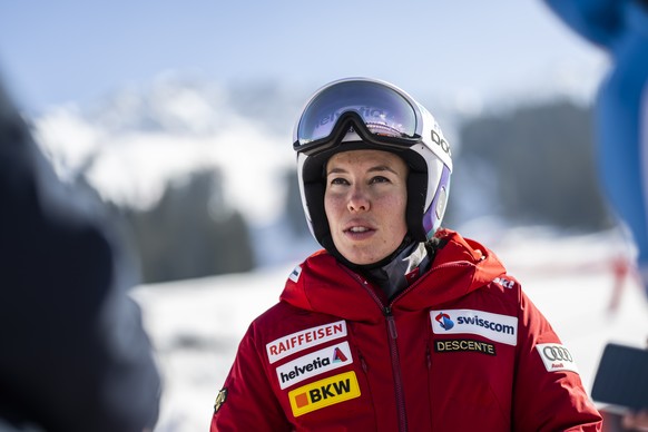 Die Schweizer Skirennfahrerin Michelle Gisin, aufgenommen vor den Weltcuprennen vom Wochenende, am Freitag, 4. Maerz 2022, in Lenzerheide. (KEYSTONE/Gian Ehrenzeller)