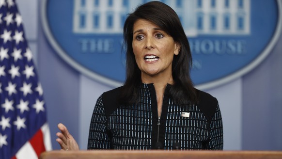 FILE - U.S. Ambassador to the United Nations Nikki Haley speaks at a press conference at the White House in Washington, September 15, 2017. Haley, the former governor of South Carolina and v...