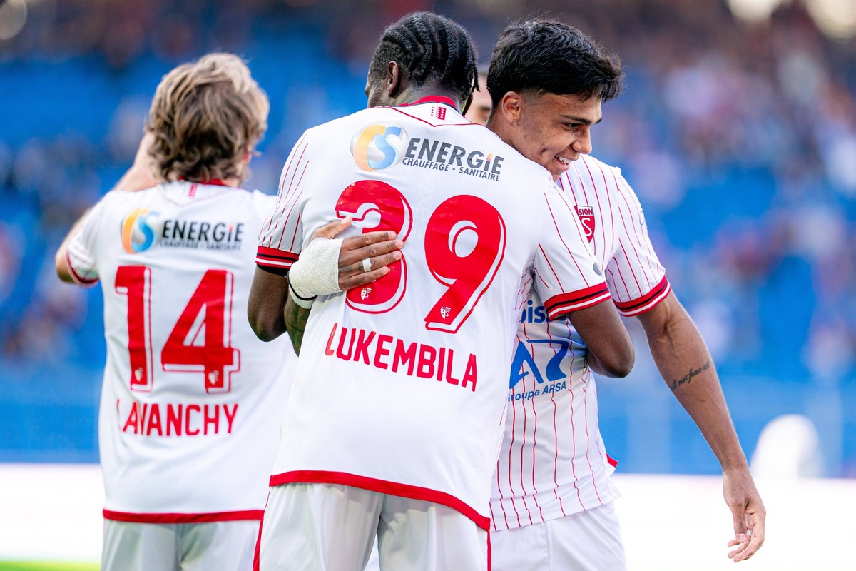 BASEL, SWITZERLAND - APRIL 26: Baltazar Costa 8 FC Sion, right, and Josias Lukembila 39 FC Sion, left, celebrating teams second goal scored by Josias Lukembila 39 FC Sion during the Brack Super League ...