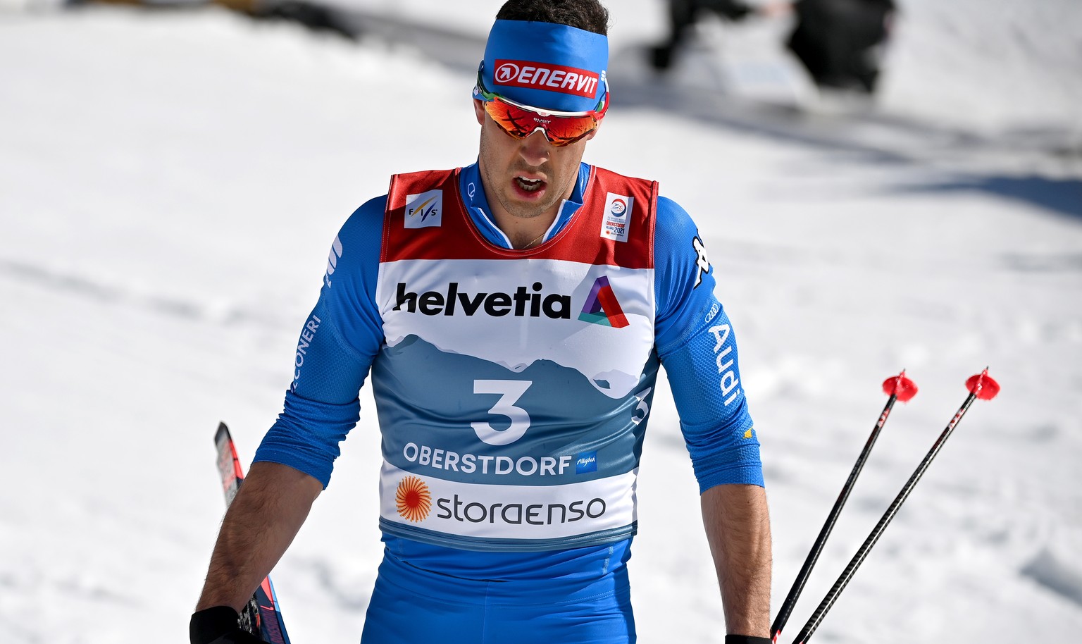 epa09035522 Federico Pellegrino of Italy looks on after placing 6th in the second semi final in the Cross Country Sprint Men 1,5km at the FIS Nordic World Ski Championships 2021 in Oberstdorf, Germany ...