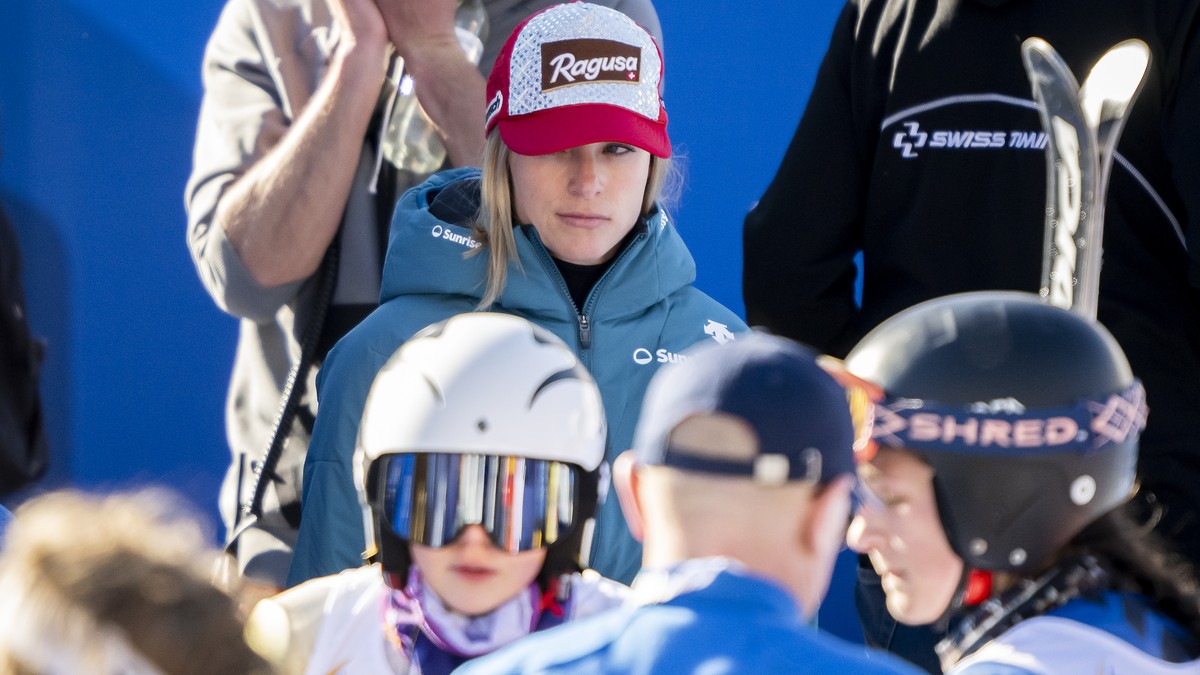 Lara Gut-Behrami of Switzerland reacts in the finish area after the second run of the women's giant slalom race at the 2023 FIS Alpine Skiing World Championships in Courchevel/Meribel, France, Th ...