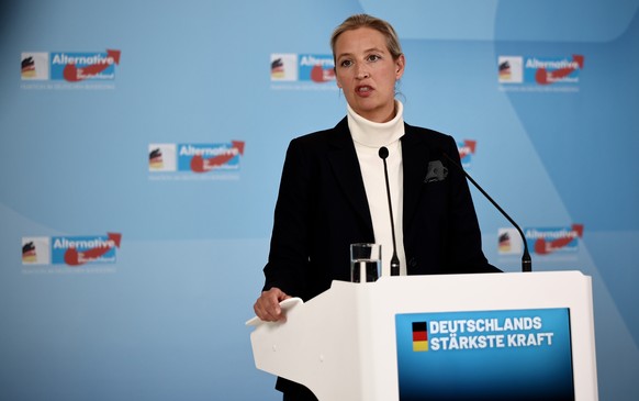 epa12020818 German party Alternative for Germany (AfD) co-chairwoman Alice Weidel speaks in Berlin, Germany, 09 April 2025, about the coalition agreement between the CDU/CSU and SPD. EPA/CHRISTOPH SOE ...