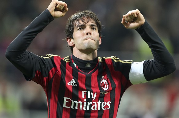 AC Milan Brazilian forward Kaka celebrates after scoring during the Serie A soccer match between AC Milan and Chievo Verona at the San Siro stadium in Milan, Italy, Saturday, March 29, 2014. (AP Photo ...