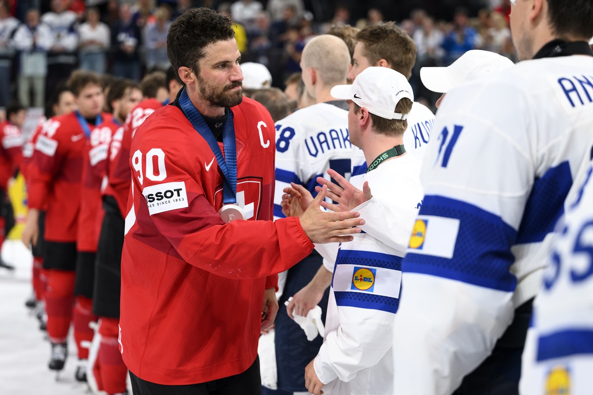 Switzerland's Roman Josi reacts with disappointment after the defeat during the 2026 IIHF Men's Ice Hockey World Championship gold medal game between Switzerland and Finland, at the Swiss Li ...