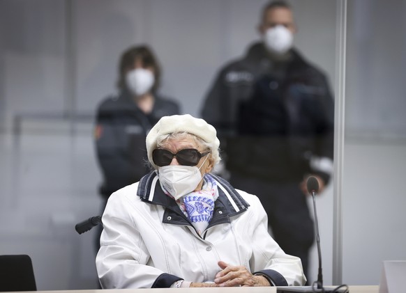 FILE - The currently 96-year-old defendant Irmgard F. is in court at the start of the trial day in Itzehoe, Germany, Tuesday, Nov. 9.  2021. The now 97-year-old woman accused of…