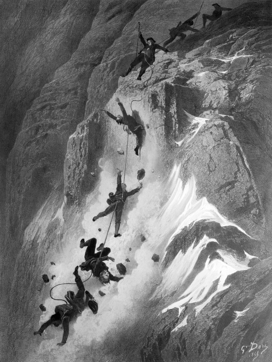 ARCHIVE --- AM 14. JULI VOR 150 JAHREN GELINGT ES DER 7-SEILSCHAFT MIT EDWARD WHYMPER UND DEN ZERMATTER BERGFUEHRERN PETER TAUGWALDER -VATER UND SOHN - ERSTMALS DAS MATTERHORN ZU BESTEIGEN. BEIM ABSTI ...