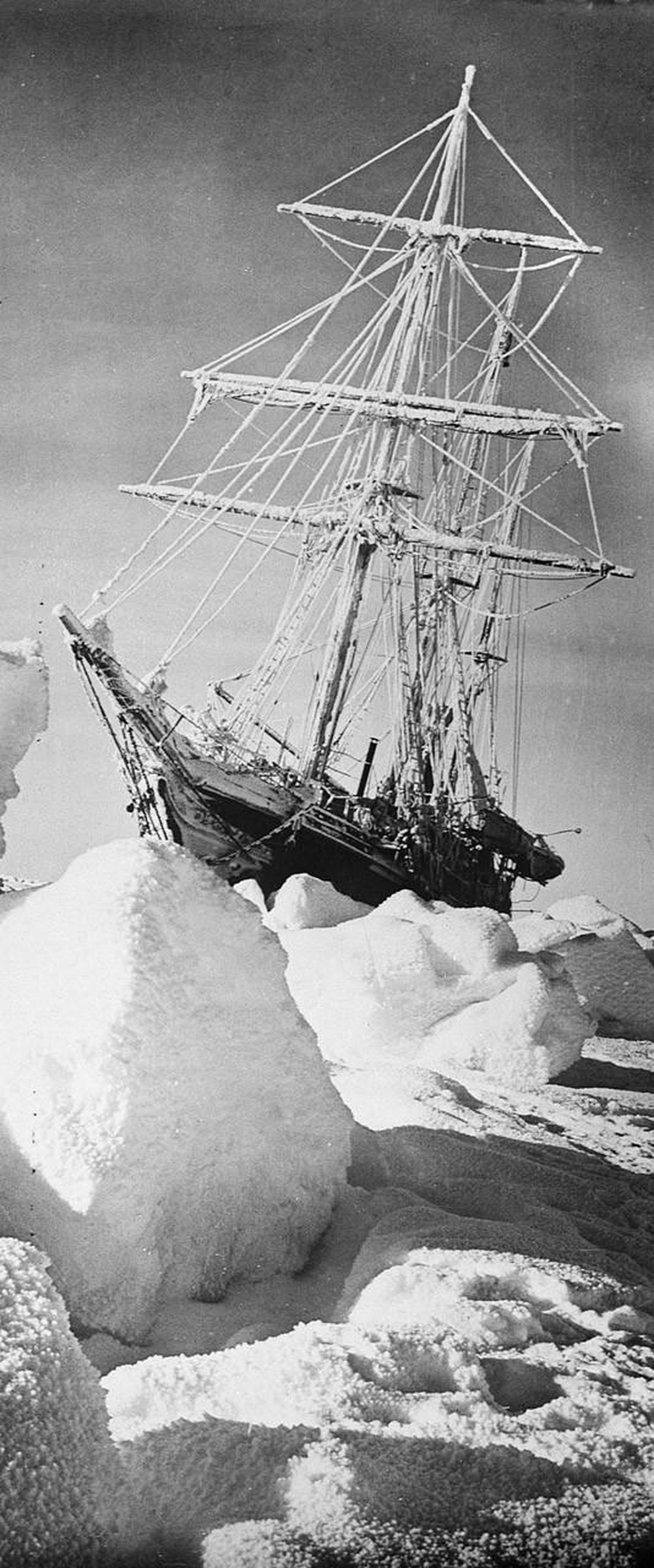 'Endurance' (1912) in the ice A port bow view of Endurance' (1912), a wooden auxiliary Discovery vessel, in the ice with a list to starboard. The ship can be seen with a covering of ice ...