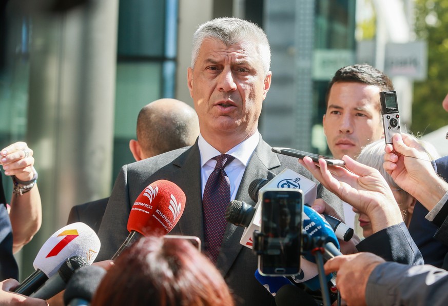 epa07002744 Kosovo&#039;s President Hashim Thaci seeks to the press after a meeting with European Union Foreign Policy Chief Federica Mogherini and Serbian President Aleksandar Vucic (not pictured) at ...